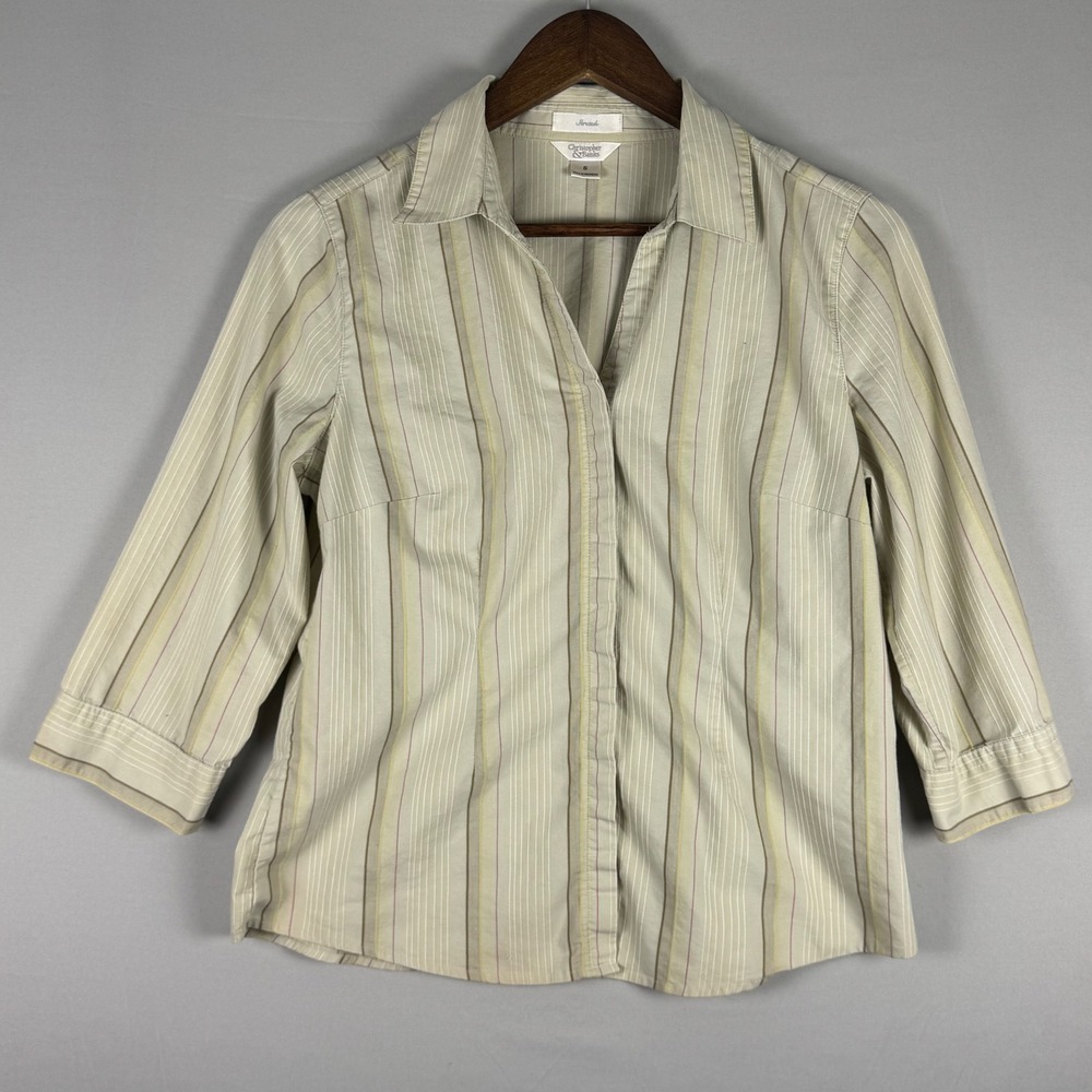 Christopher & Banks Button Down Women Size S Tan Striped NWOT 3/4 Sleeve Top